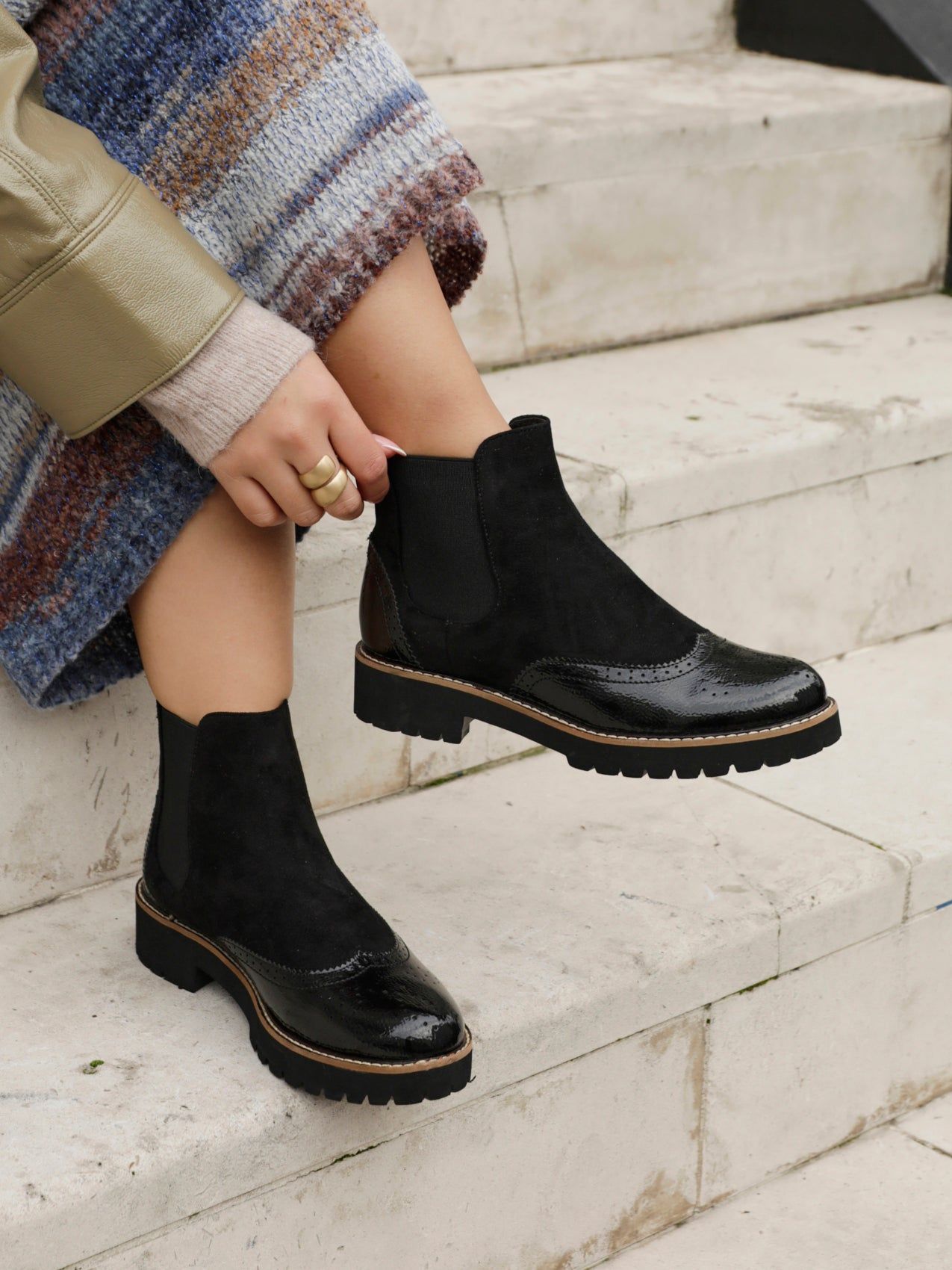 Linzi Cleo Black Patent & Suede Brogue Style Chelsea Boot image 2