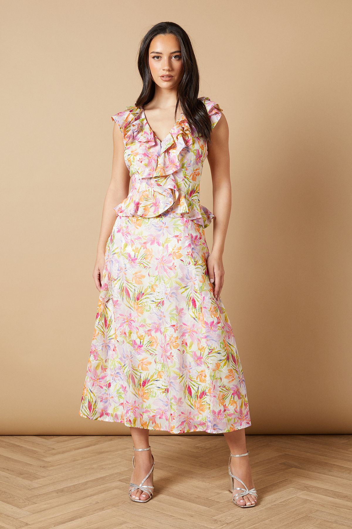 Oasis Floral Ruffle Detail V Neck Midi Dress Green image 1