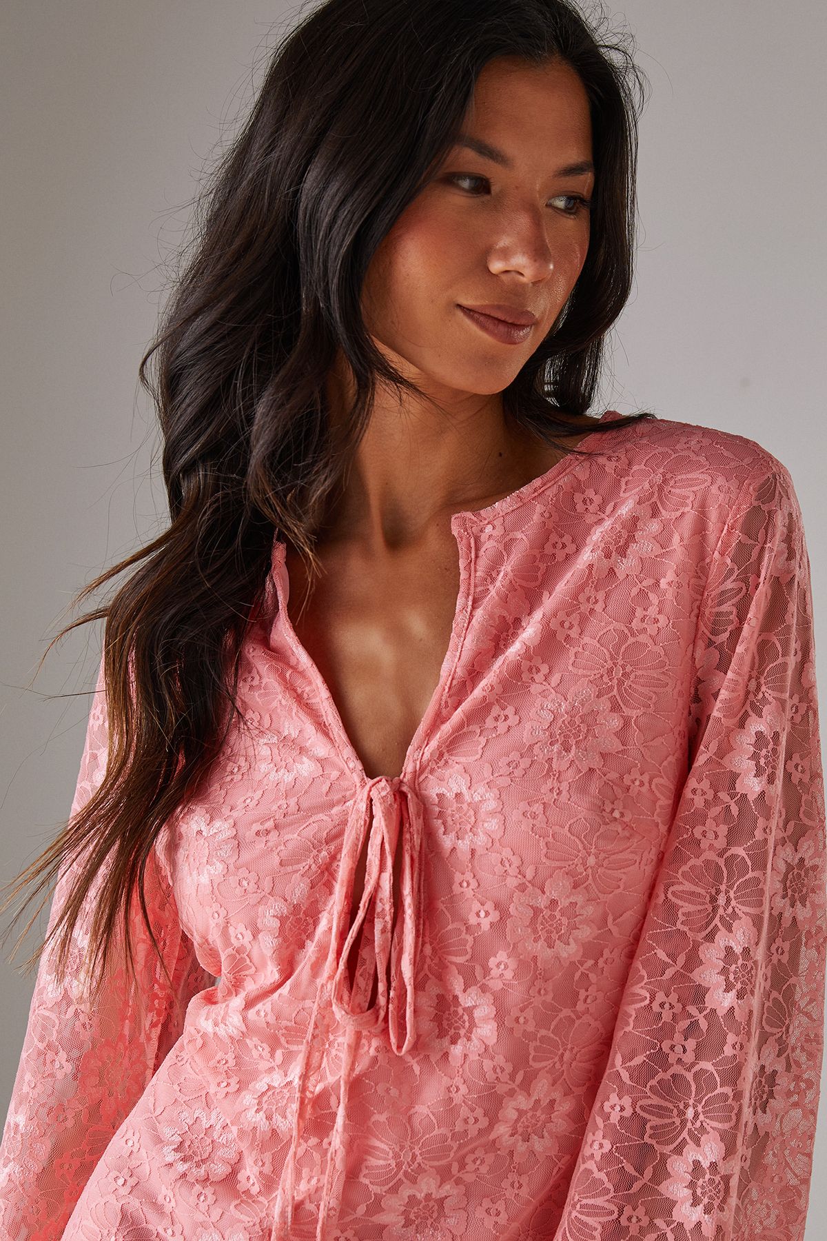 Warehouse Lace Tie Front Flare Sleeve Mini Dress Pink image 2