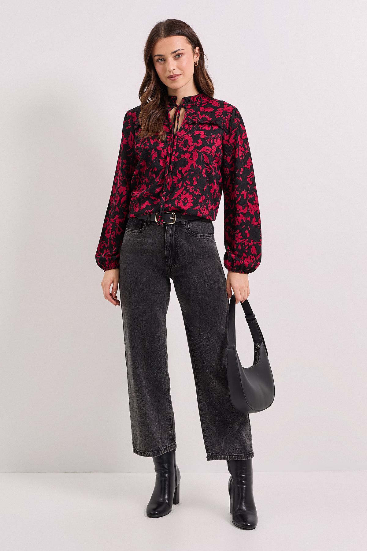 Dorothy Perkins Pink Floral Tie Neck Detail Blouson Sleeve Jersey Top Pink