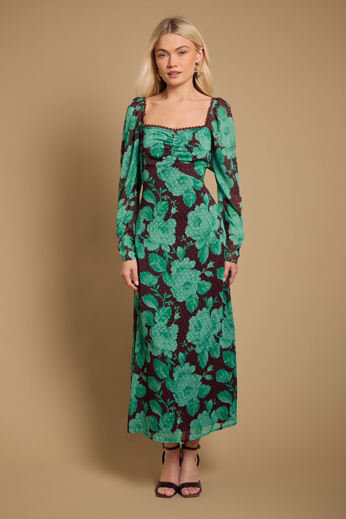 Oasis Printed Chiffon Shoulder Detail Shirred Back Midi Dress Green