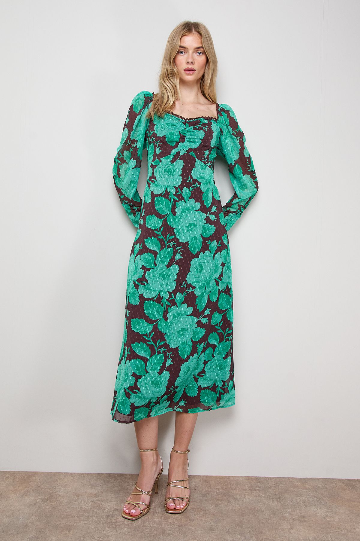 Oasis Printed Chiffon Shoulder Detail Shirred Back Midi Dress Green image 1