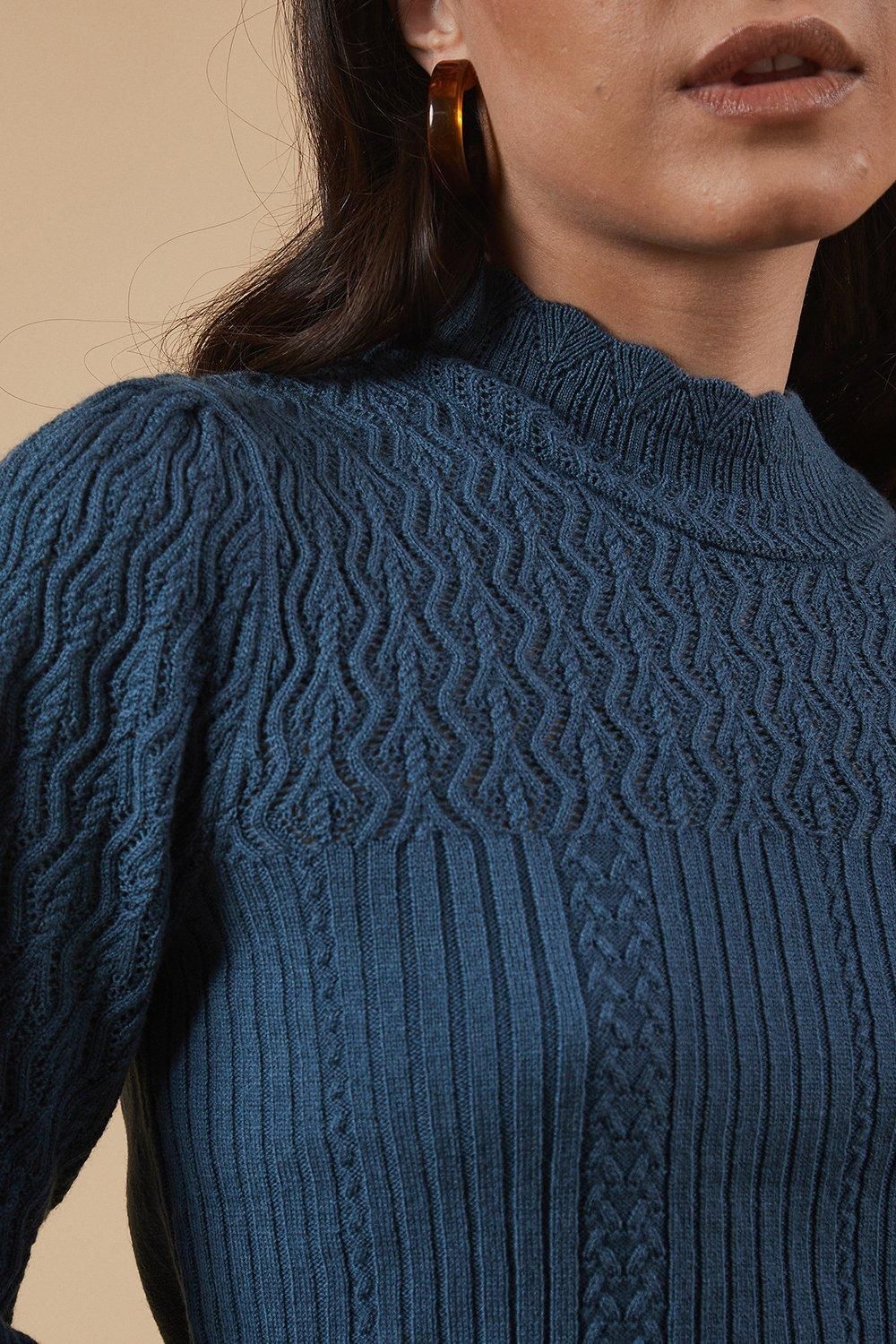 Oasis Pointelle Scallop High Neck Jumper Denim image 5