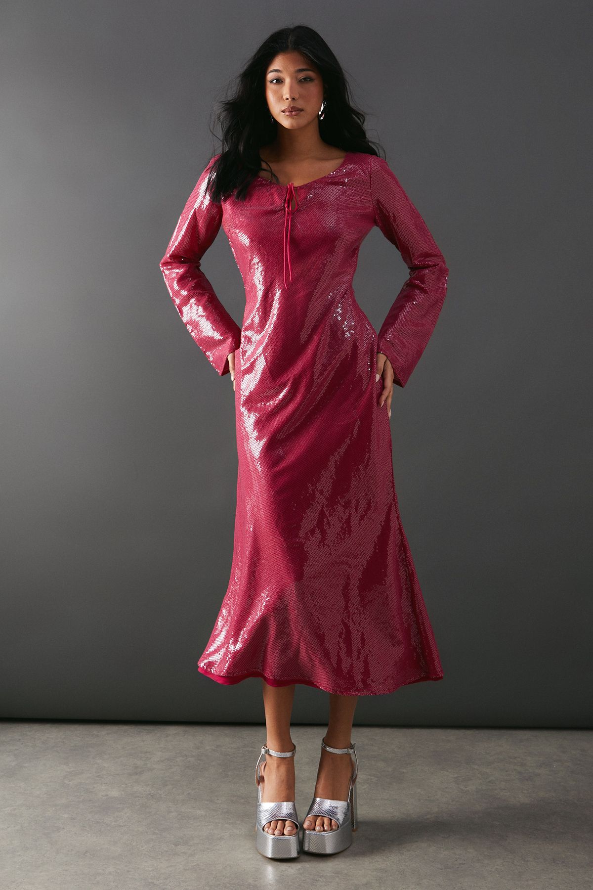 Warehouse Sequin Keyhole Tie Front Midi Dress Pink image 1