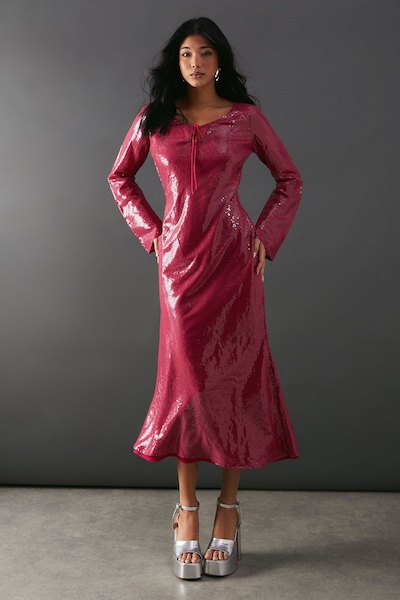 Warehouse Sequin Keyhole Tie Front Midi Dress Pink