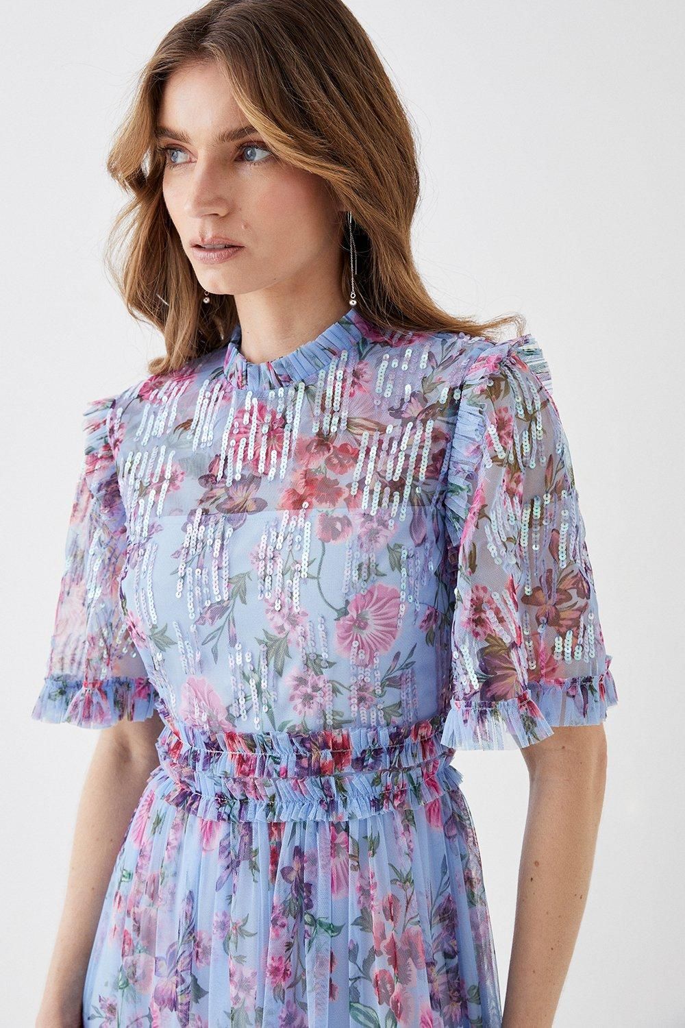 Coast Sequin Angel Sleeve Printed Mesh Midi Dress Blue image 2