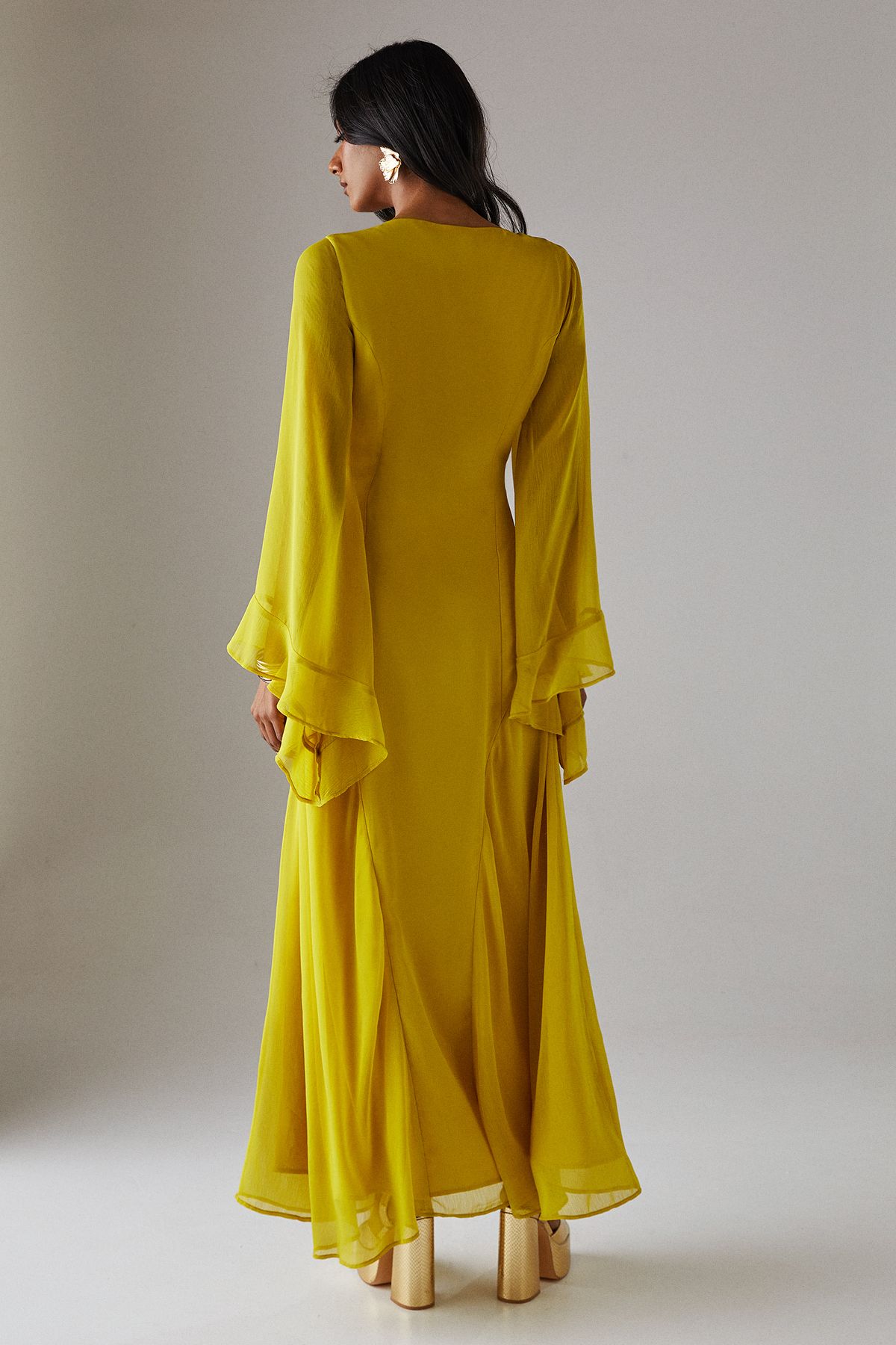 Warehouse Chiffon Bohemian Button Through Maxi Dress Chartreuse image 3