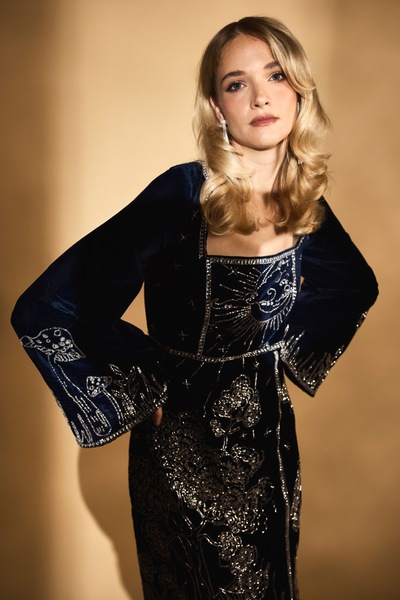 Coast Square Neck Celestial Embellished Velvet Midi Party Dress Navy