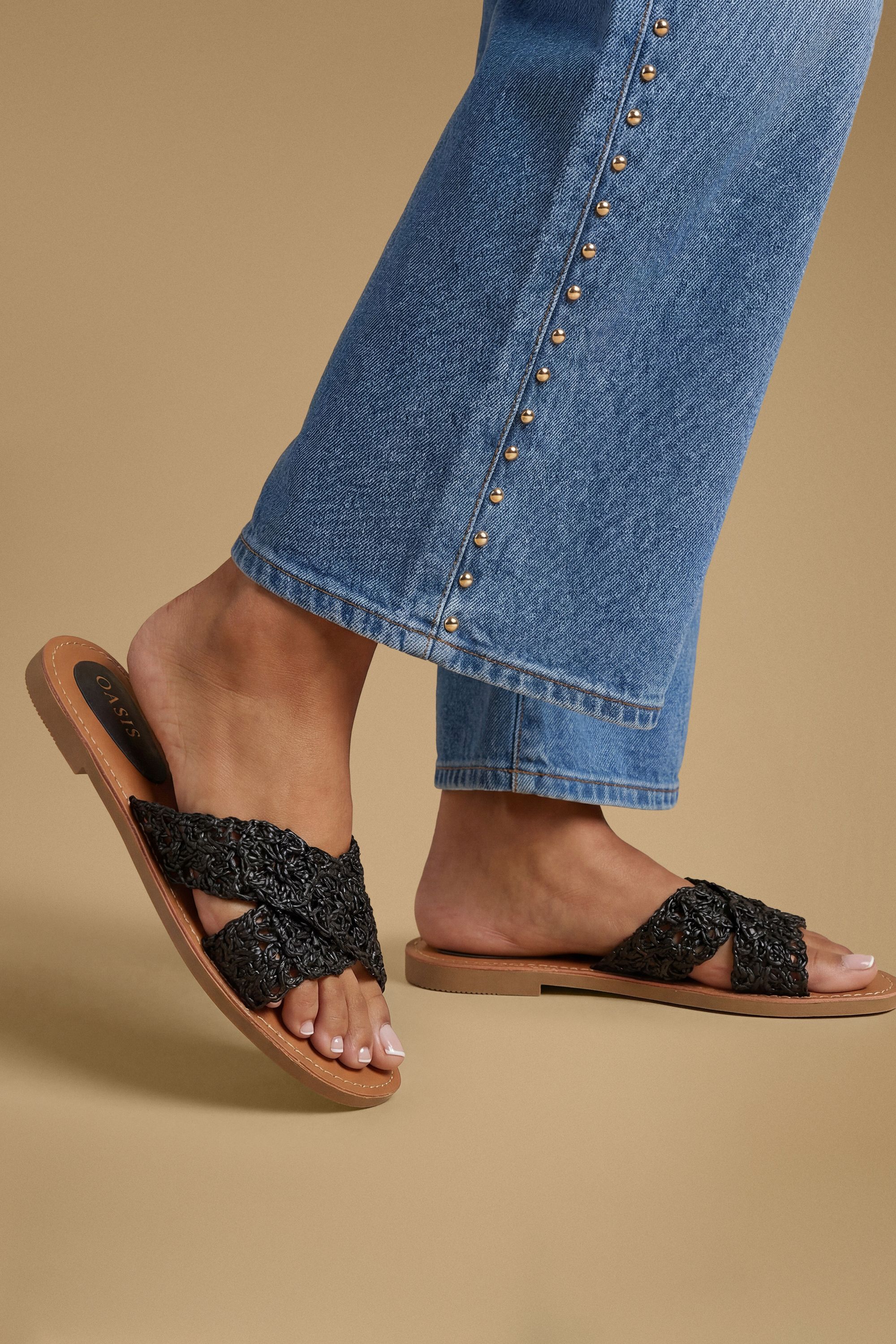 Oasis Madaline Faux Leather Crotchet Mule Flat Sandals Black