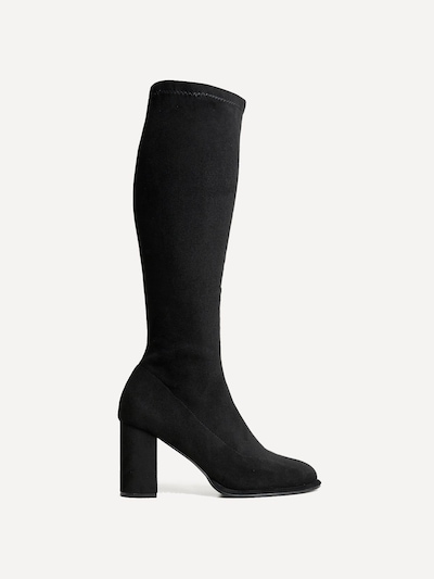 Linzi Kylie Black Stretch Suede Long Block Heeled Boot