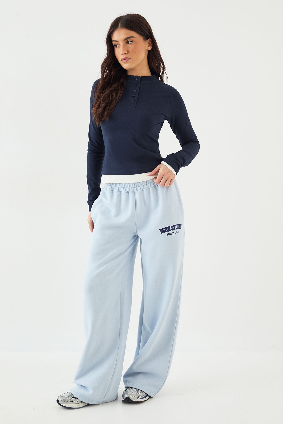 DSGN Studio DSGN Studio Contrast Button Detail Long Sleeve Top Navy image 3