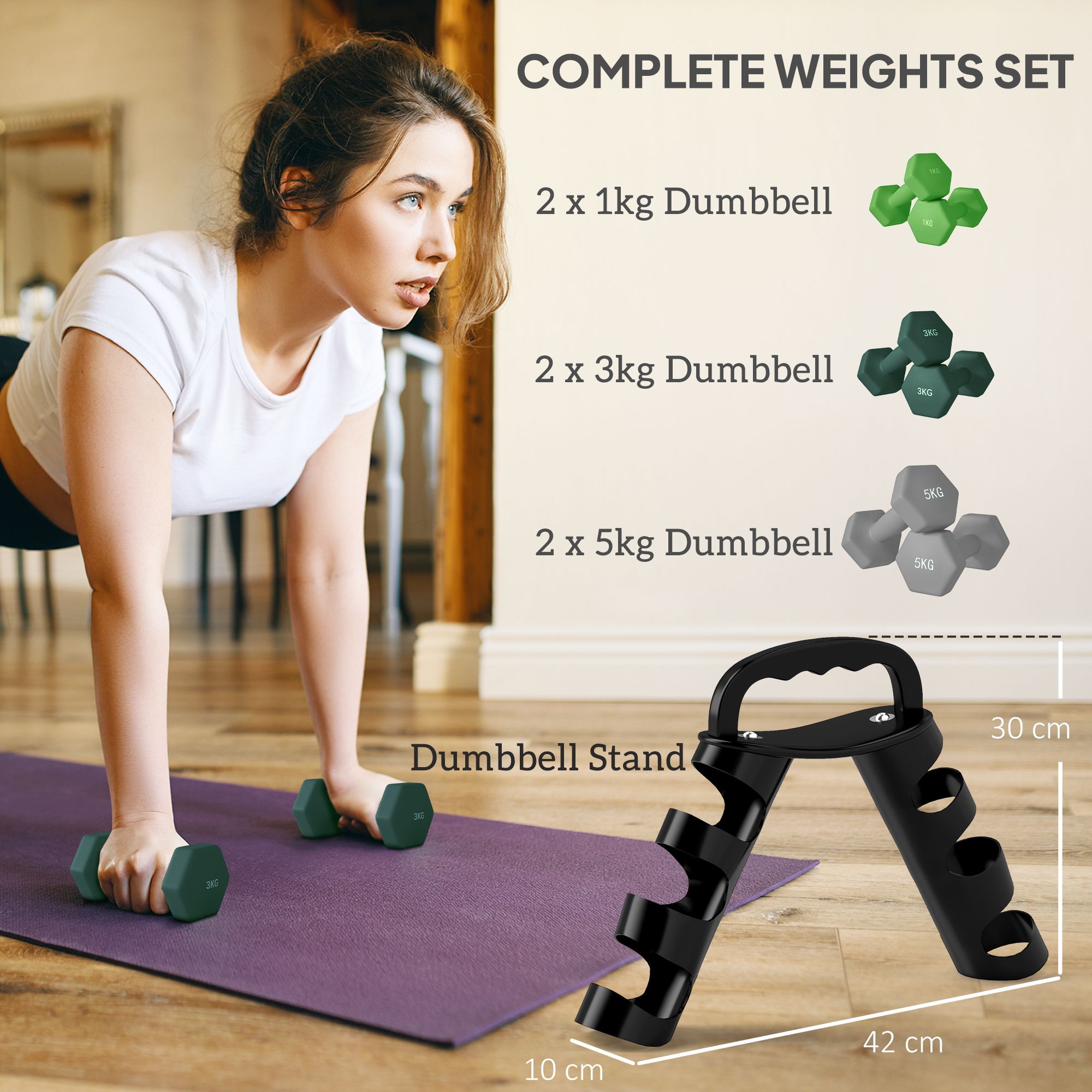 SPORTNOW Dumbbells Set with Storage Rack, 2 x 1kg, 2 x 3kg, 2 x 5kg, Green image 4