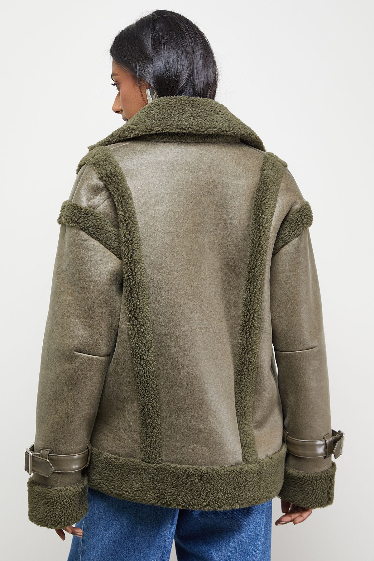 Warehouse Wool Lined Shearling Biker Jacket Khaki image 3