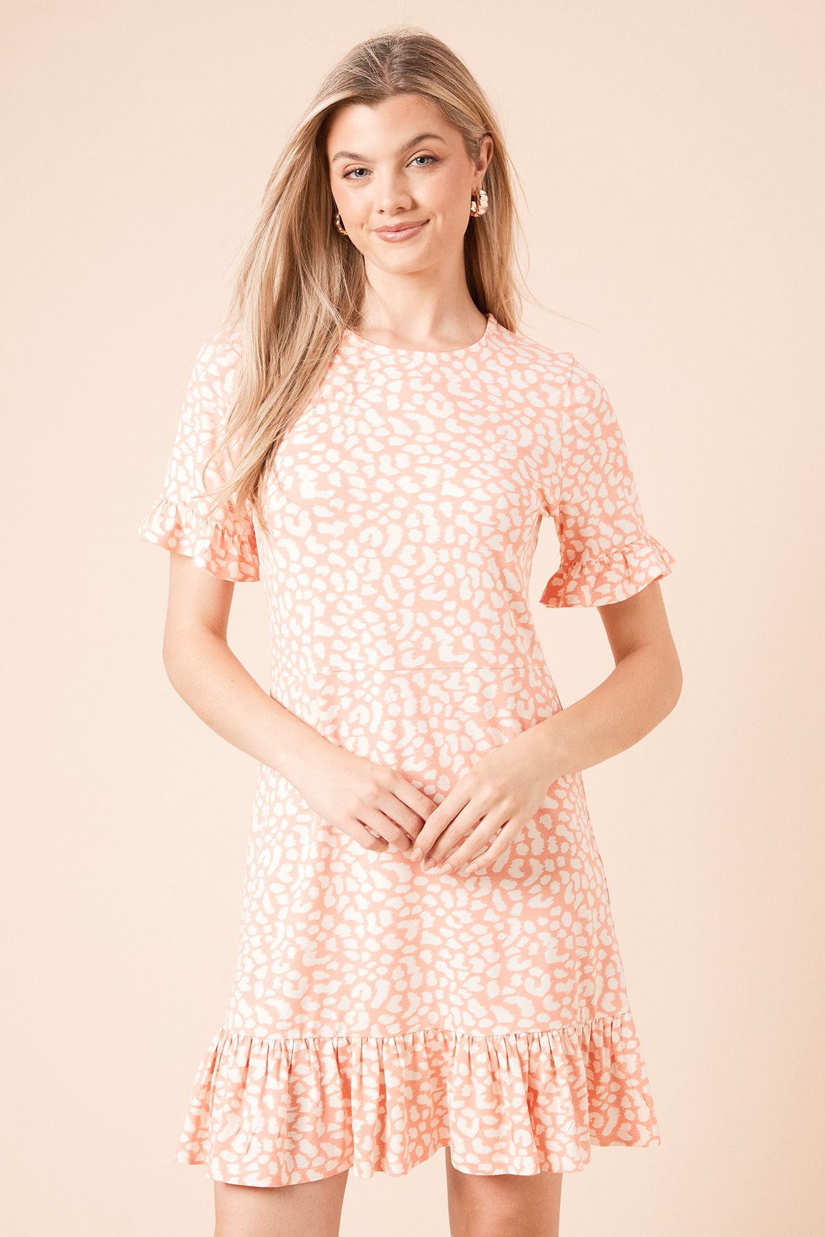 Dorothy Perkins Coral Animal Short Sleeve Frill Hem Mini Dress Animal image 2