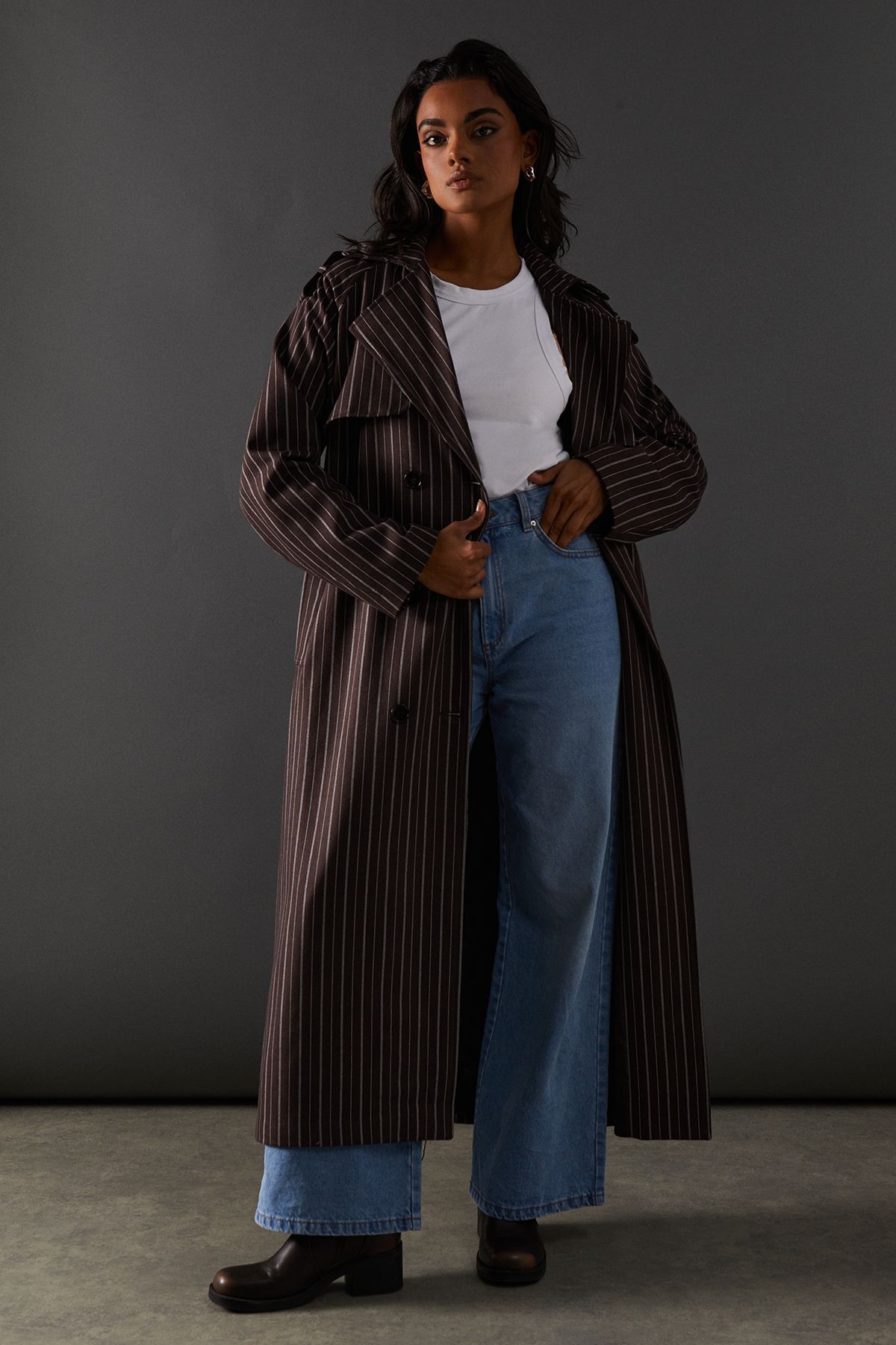 Warehouse Chocolate Pinstripe Belted Trench Coat Chocolate image 1