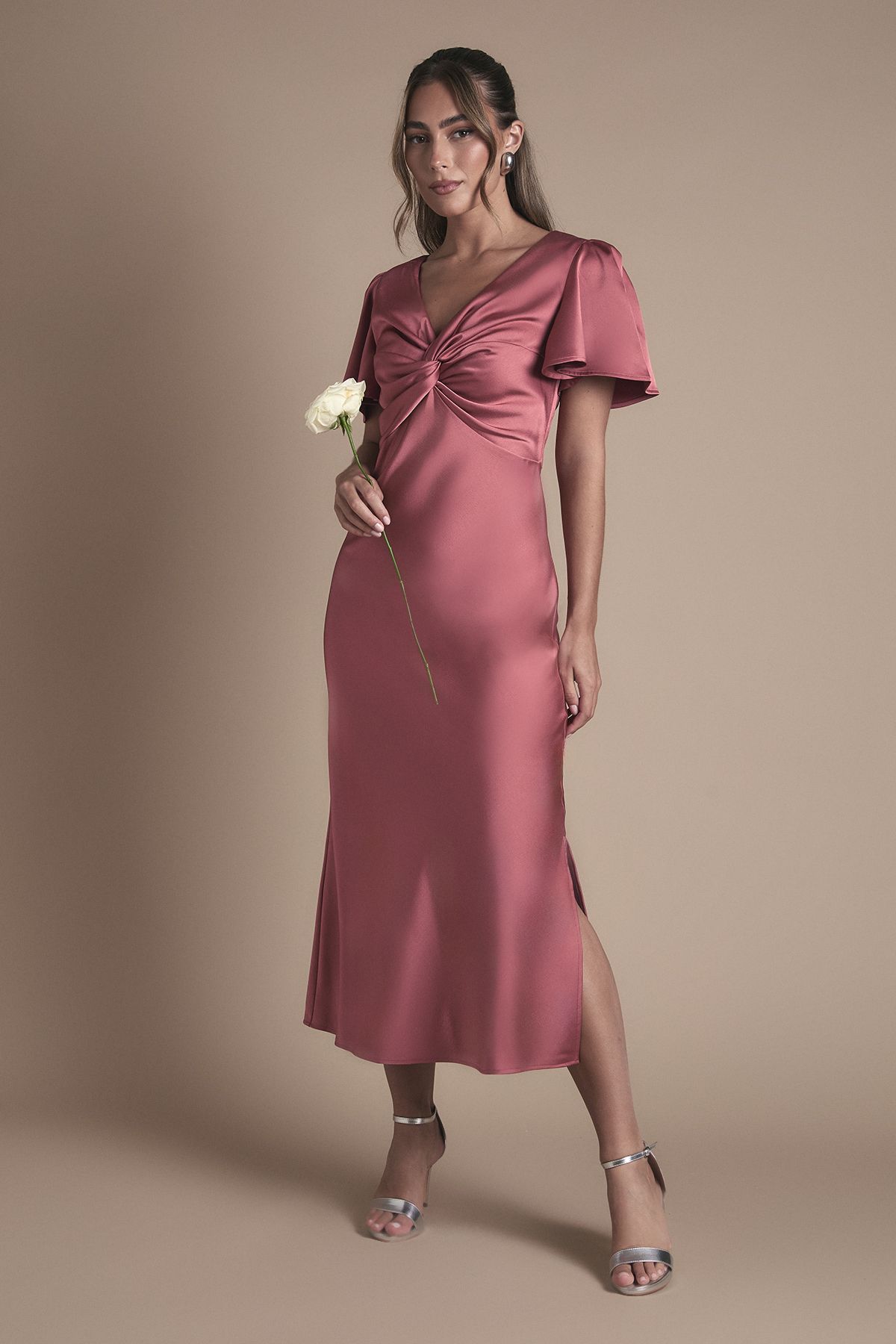 Oasis Satin Twist Front Angel Sleeve Midi Bridesmaid Dress Terracotta image 1