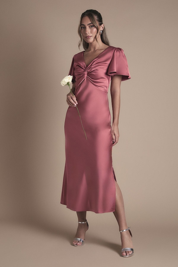 Oasis Satin Twist Front Angel Sleeve Midi Bridesmaid Dress Terracotta