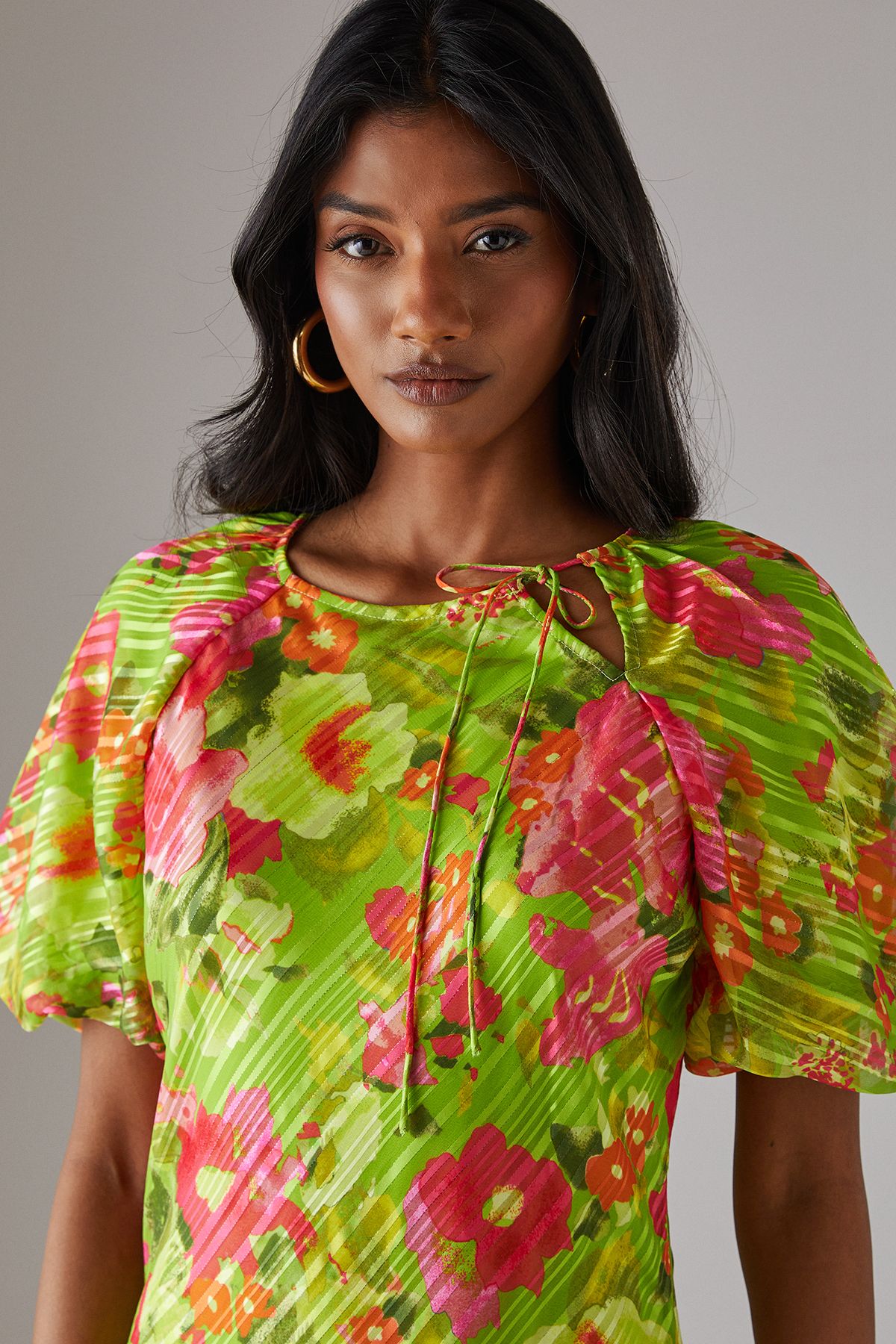 Warehouse Shadow Stripe Tie Neck Bias Midi Dress Floral image 2