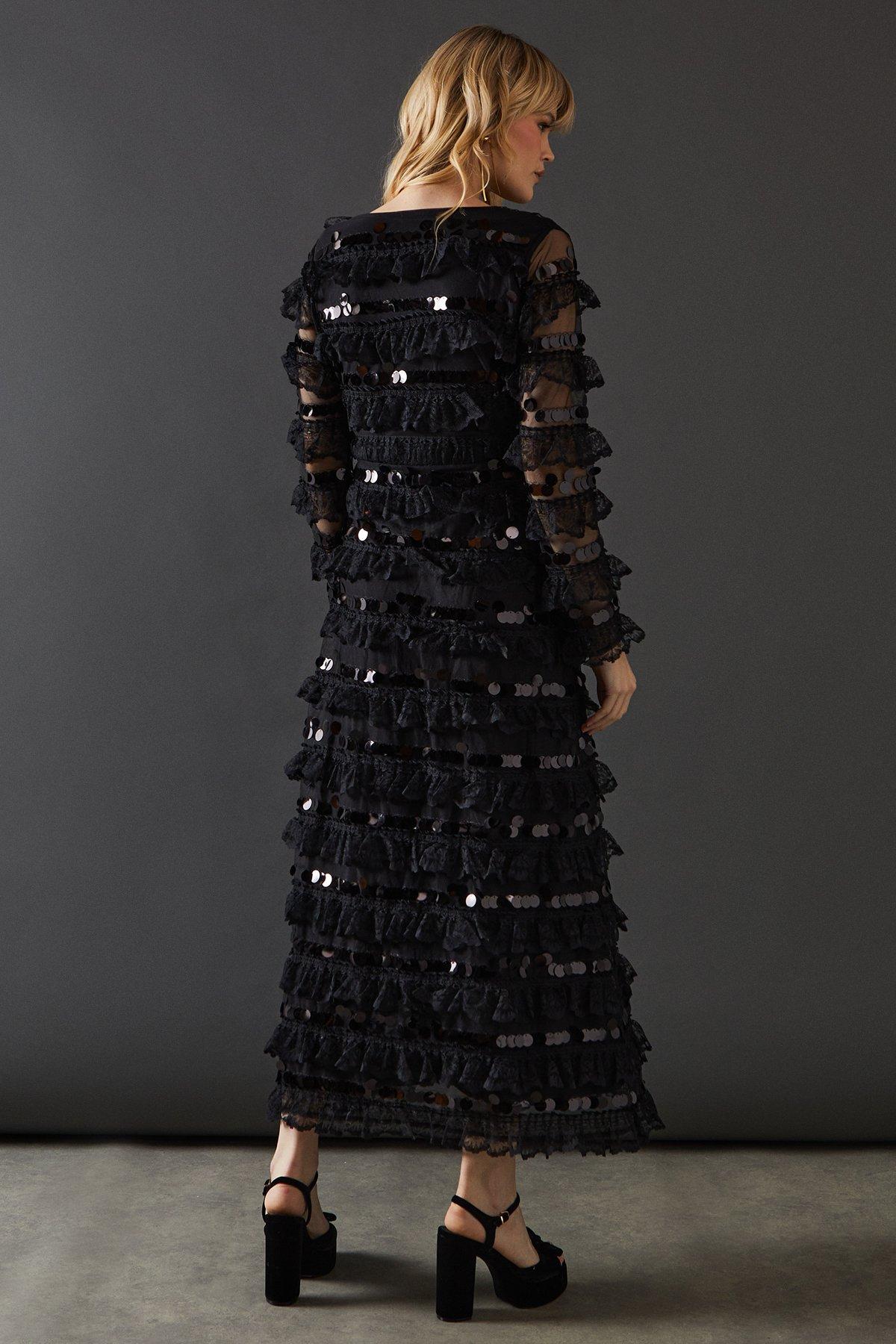Warehouse Premium Lace Sequin Frill Tier Plunge Neck Maxi Dress Black image 3