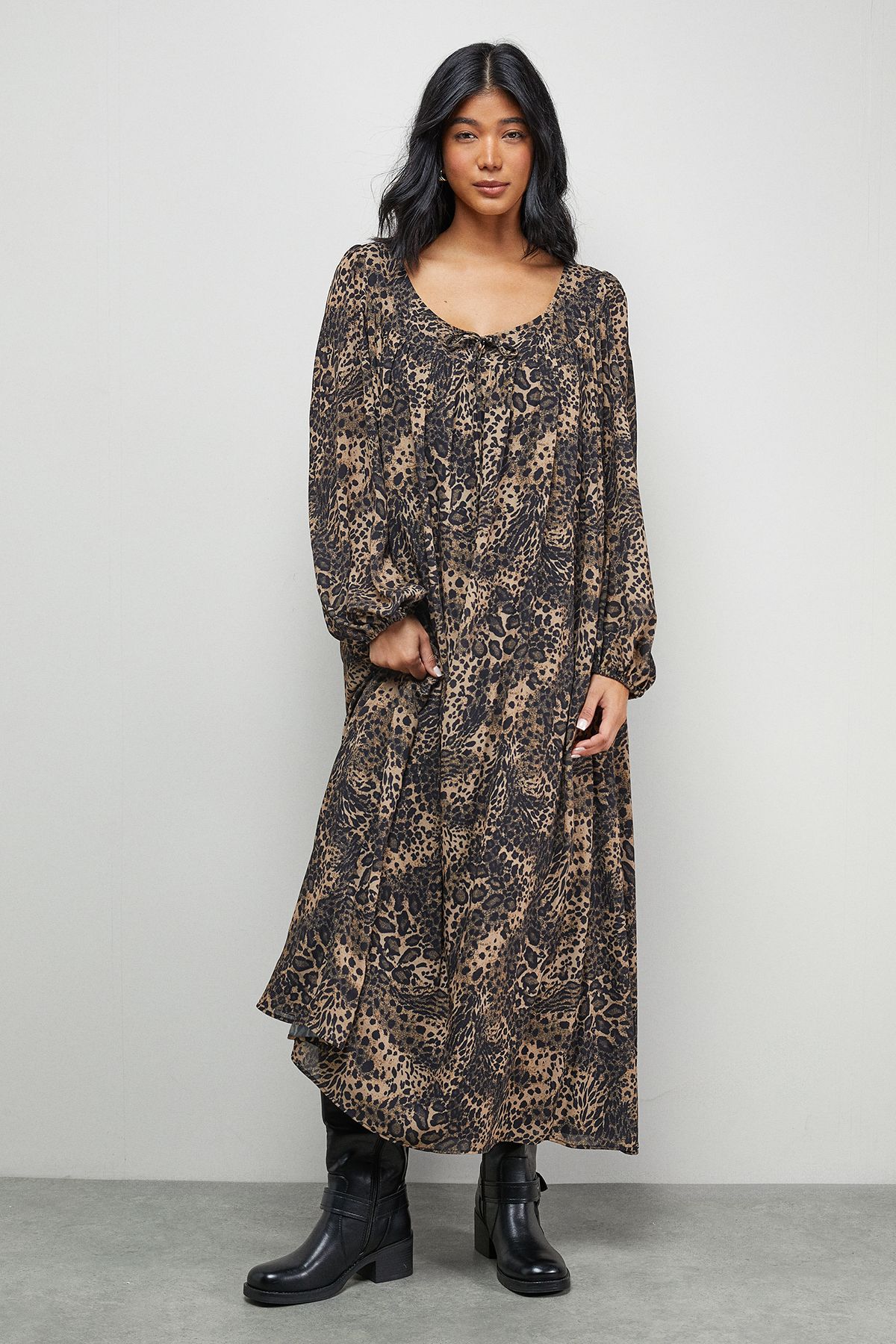 Warehouse Chiffon Tie Front Volume Midi Smock Dress Leopard image 1