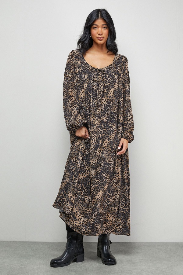 Warehouse Chiffon Tie Front Volume Midi Smock Dress Leopard