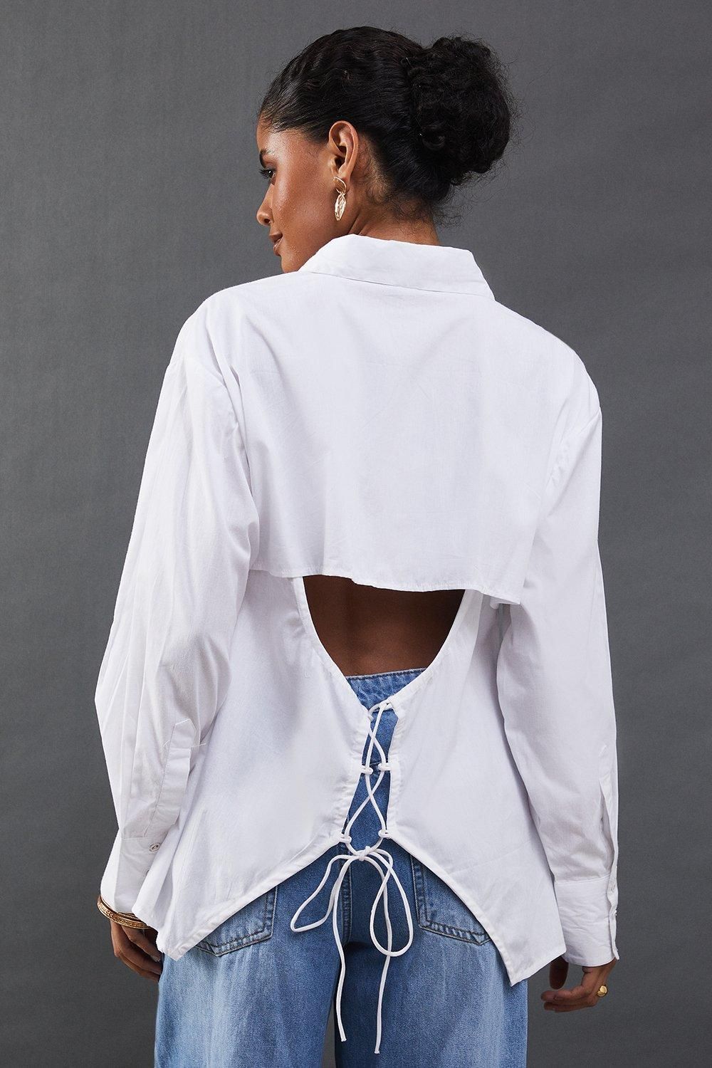 Warehouse Poplin Open Tie Back Shirt White image 3