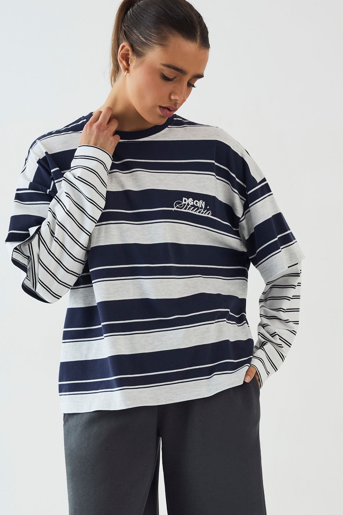 DSGN Studio DSGN Studio Faux Layer Sleeve Stripe Long Sleeve T-Shirt Indigo image 3