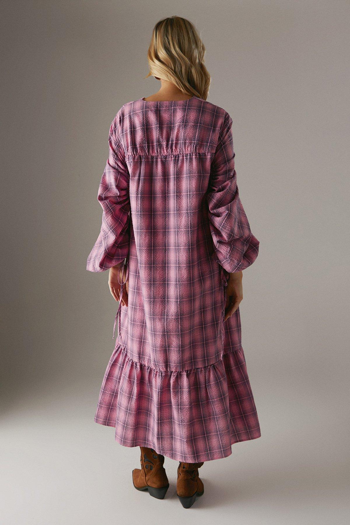 Warehouse Gathered Channel Detail Check Midi Smock Dress Pink image 3