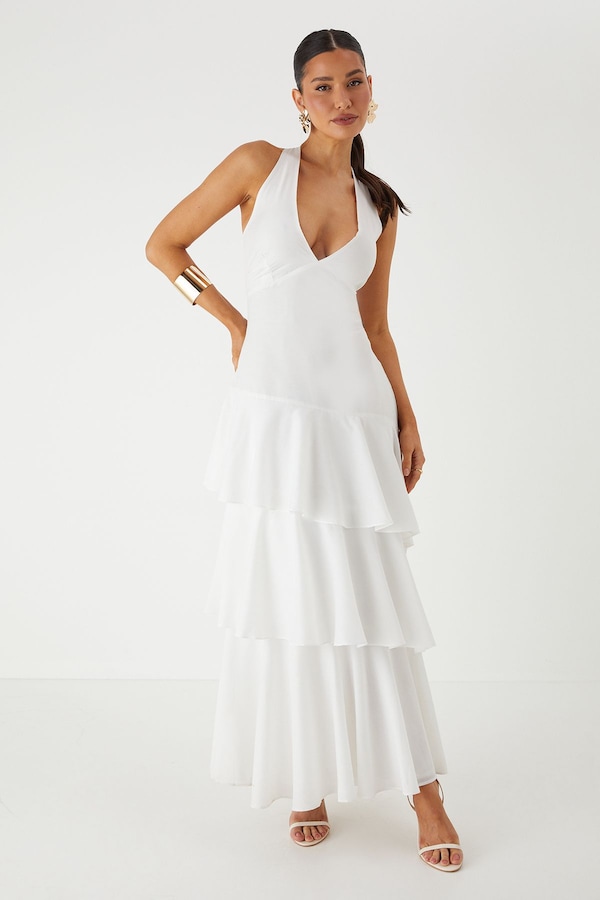 MissPap Tie Back Frill Layered Maxi Dress White