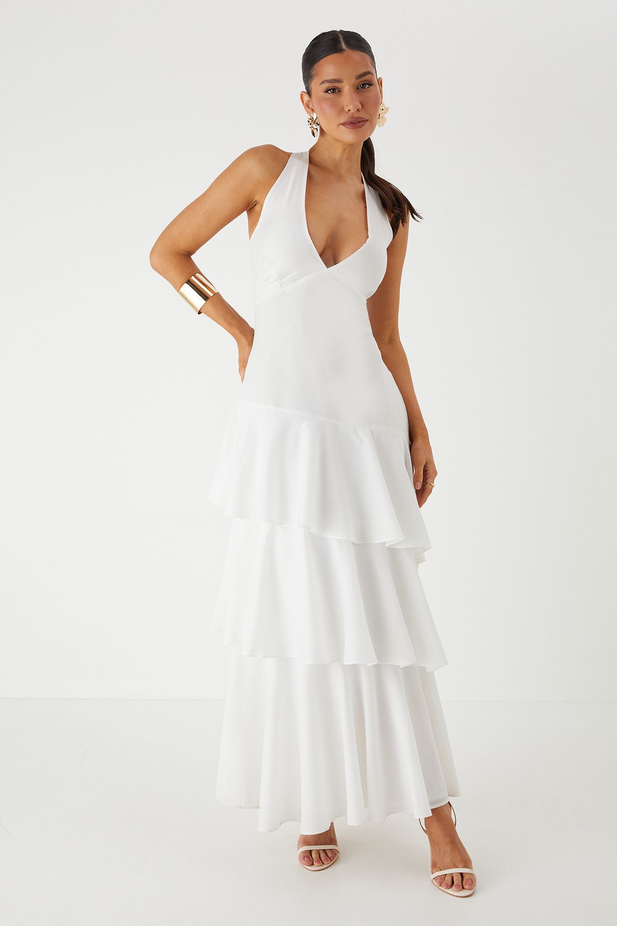 MissPap Tie Back Frill Layered Maxi Dress White