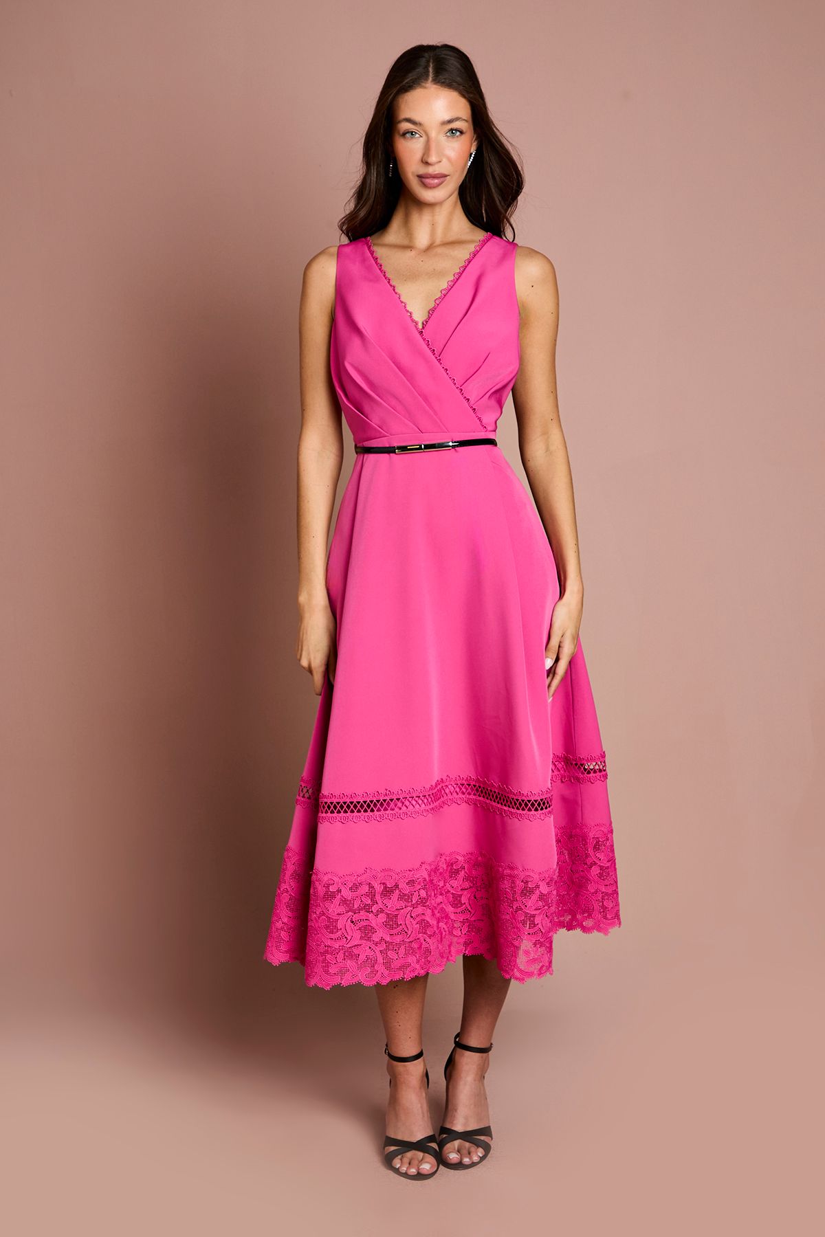 Coast V Neck Lace Trim Midi Dress Pink