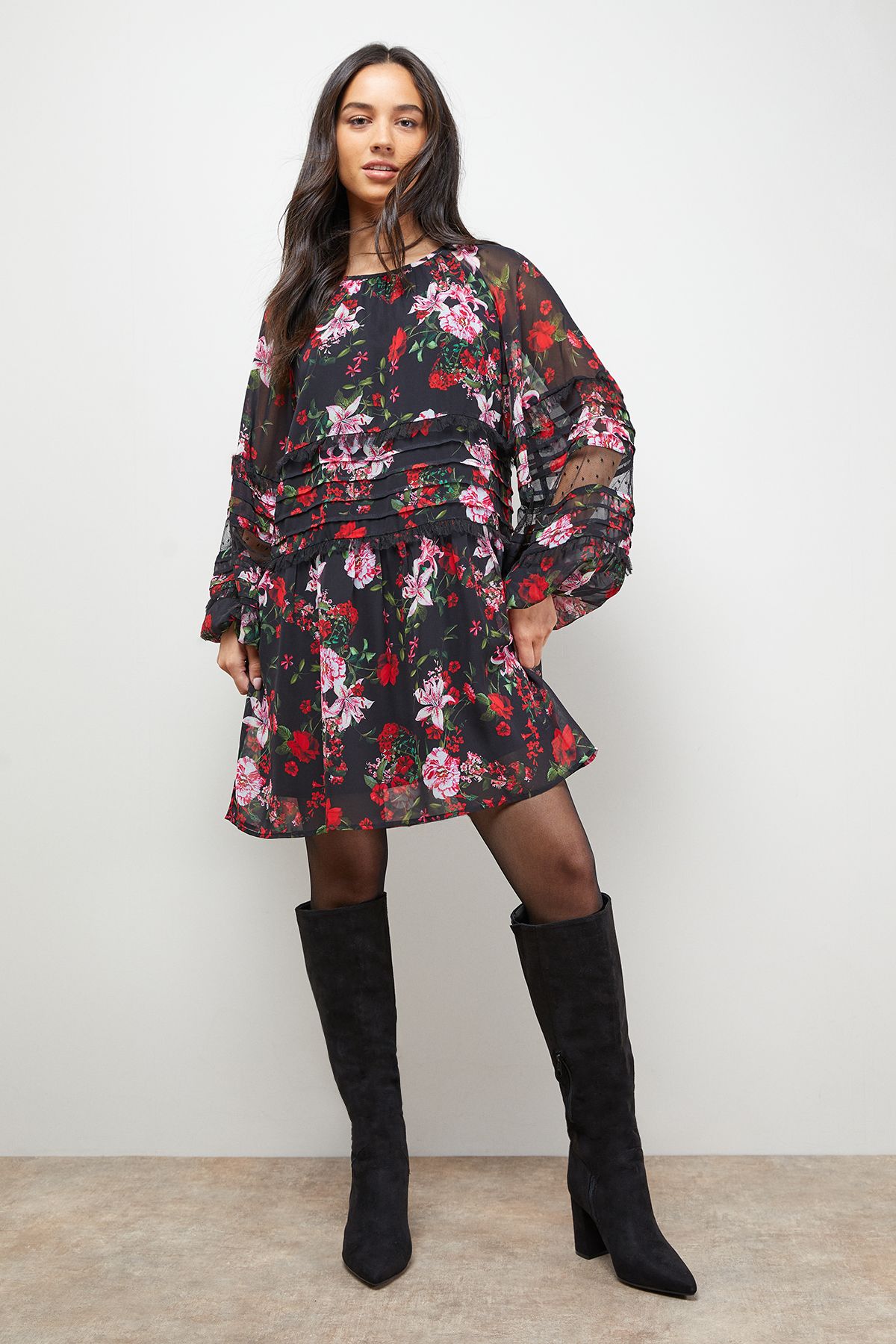 Oasis Smock Long Sleeve Mini Dress Floral image 1