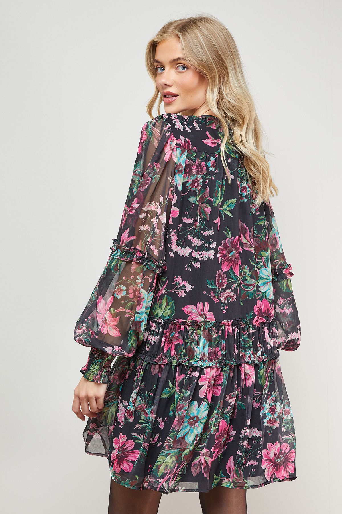 Oasis Printed Chiffon Shirred Front Tie Neck Mini Dress Black image 5