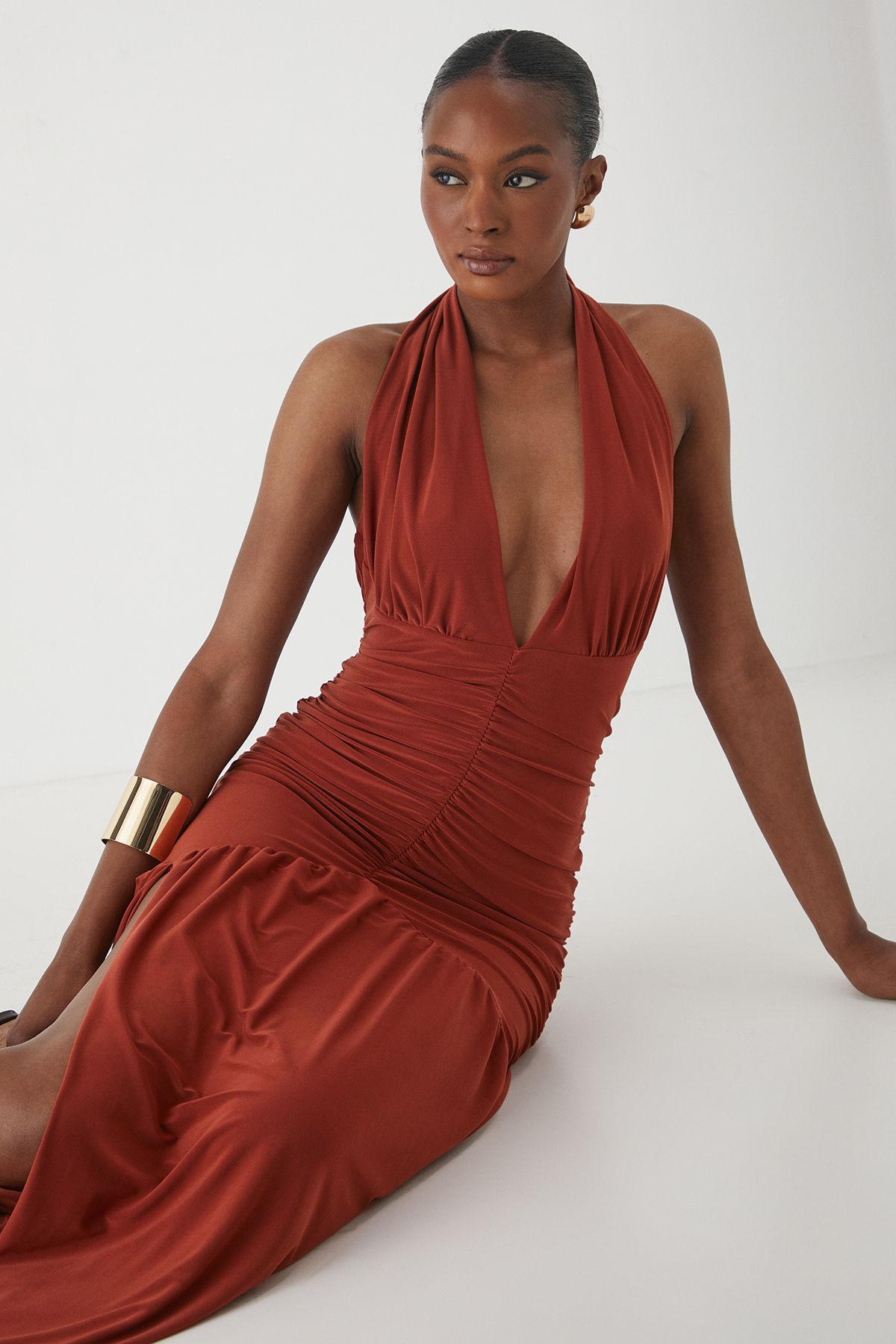 MissPap Halter Neck Plunge Ruched High Split Maxi Dress Rust image 4