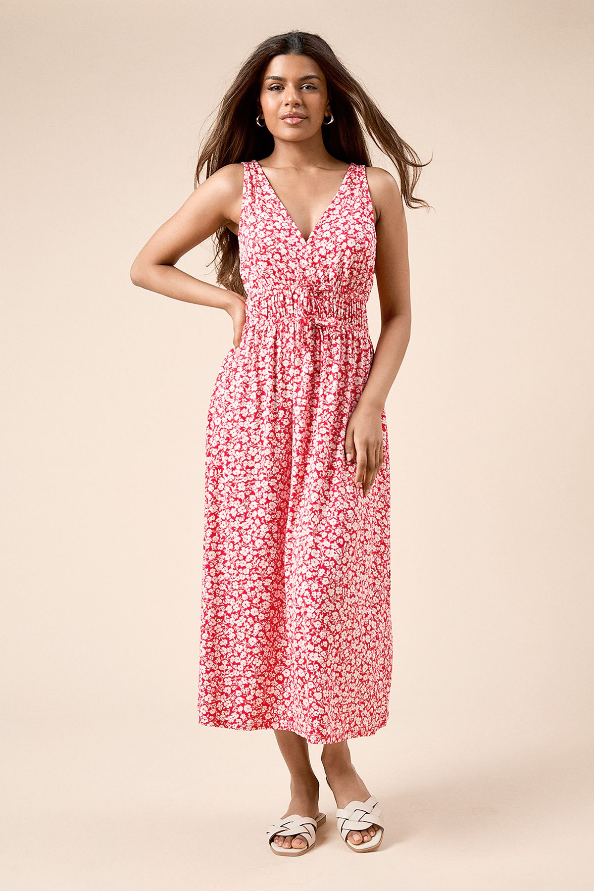 Dorothy Perkins Petite Red Ditsy Channel Waist Jersey Midi Dress Red