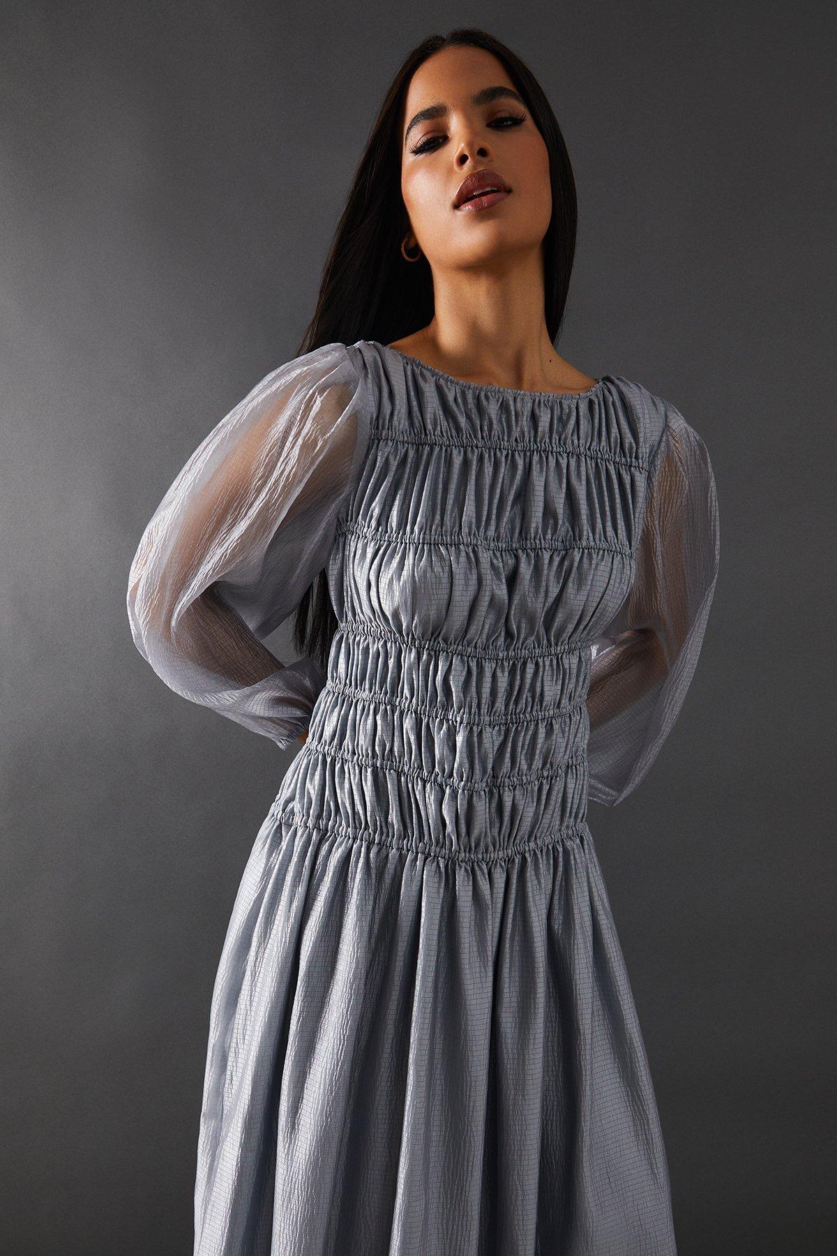 Warehouse Shirred Chiffon Panel Bodice Midi Dress Silver image 4