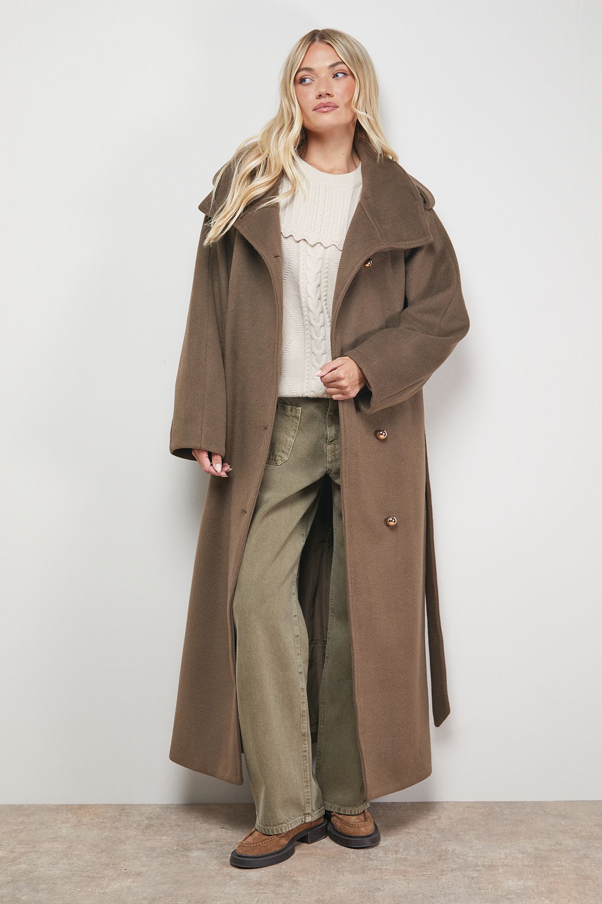 Oasis Funnel Sleeve Detail Belted Coat Mocha image 2