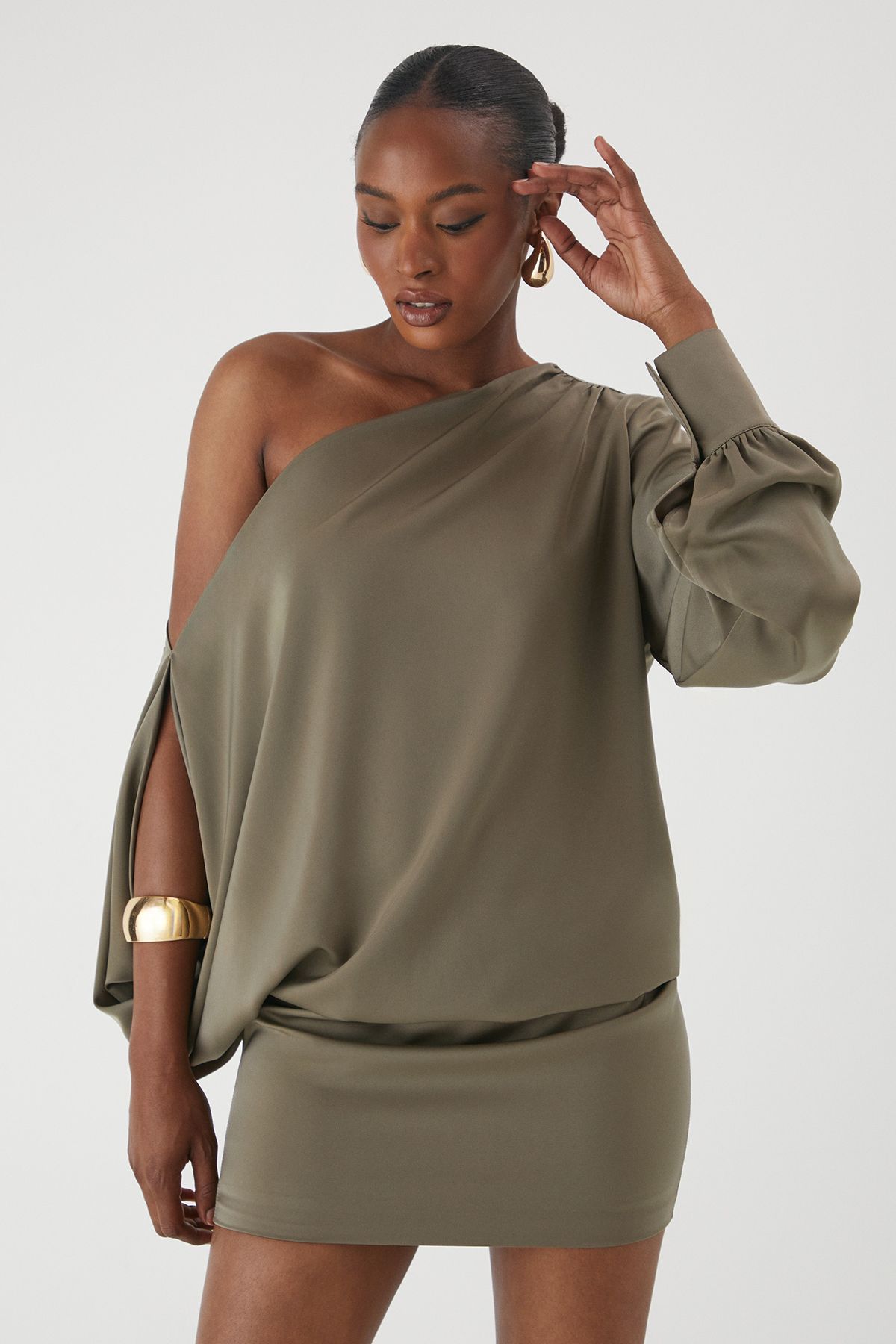MissPap One Shoulder Satin Mini Dress Khaki image 2