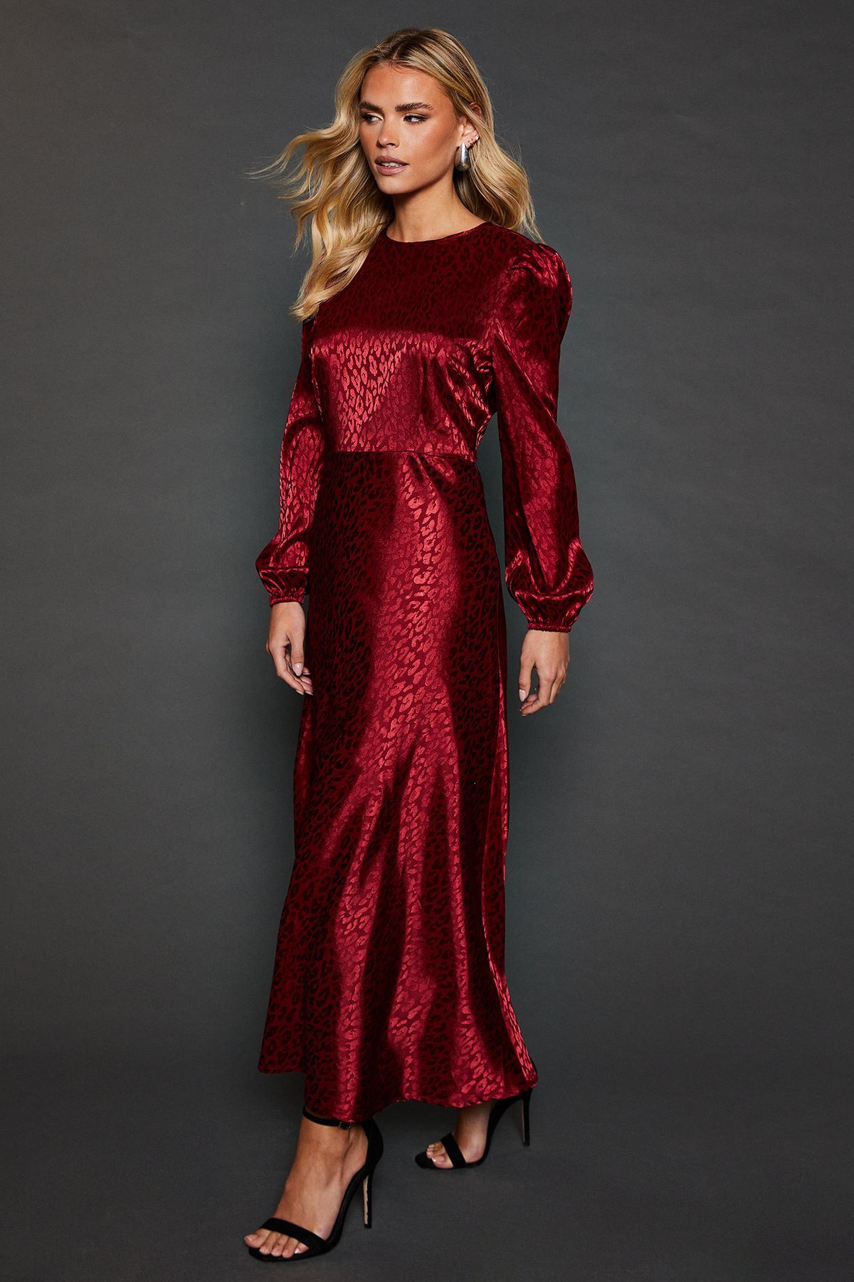 Dorothy Perkins Petite Satin Jacquard Empire Long Sleeve Midi Dress Berry