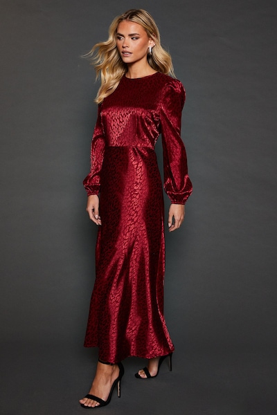 Dorothy Perkins Petite Satin Jacquard Empire Long Sleeve Midi Dress Berry