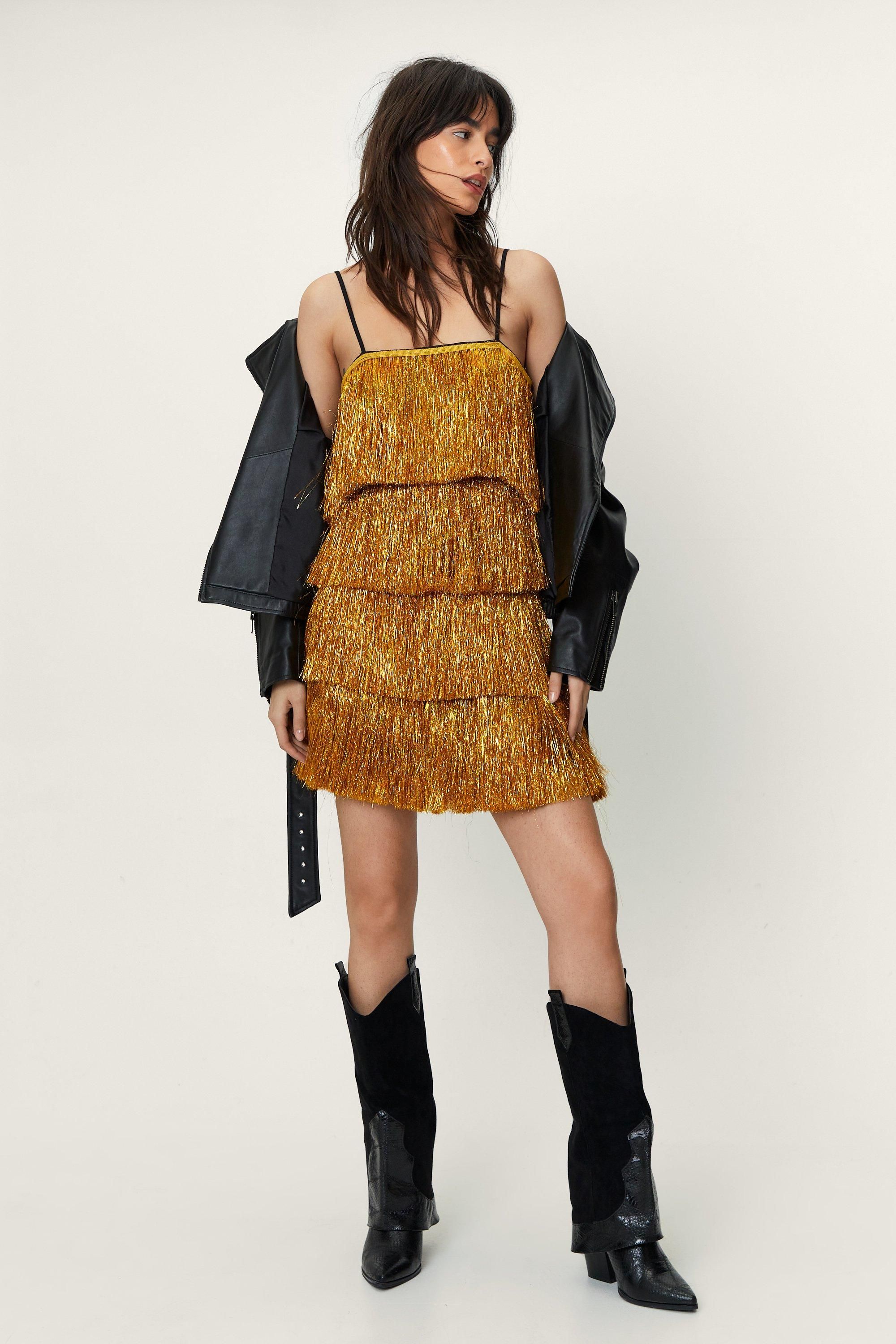 NastyGal Tassel Tinsel Fringe Strappy Cami Mini Dress Gold image 2