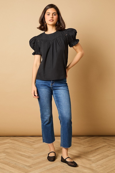 Oasis Broderie Trim Detail Puff Sleeve Blouse Black