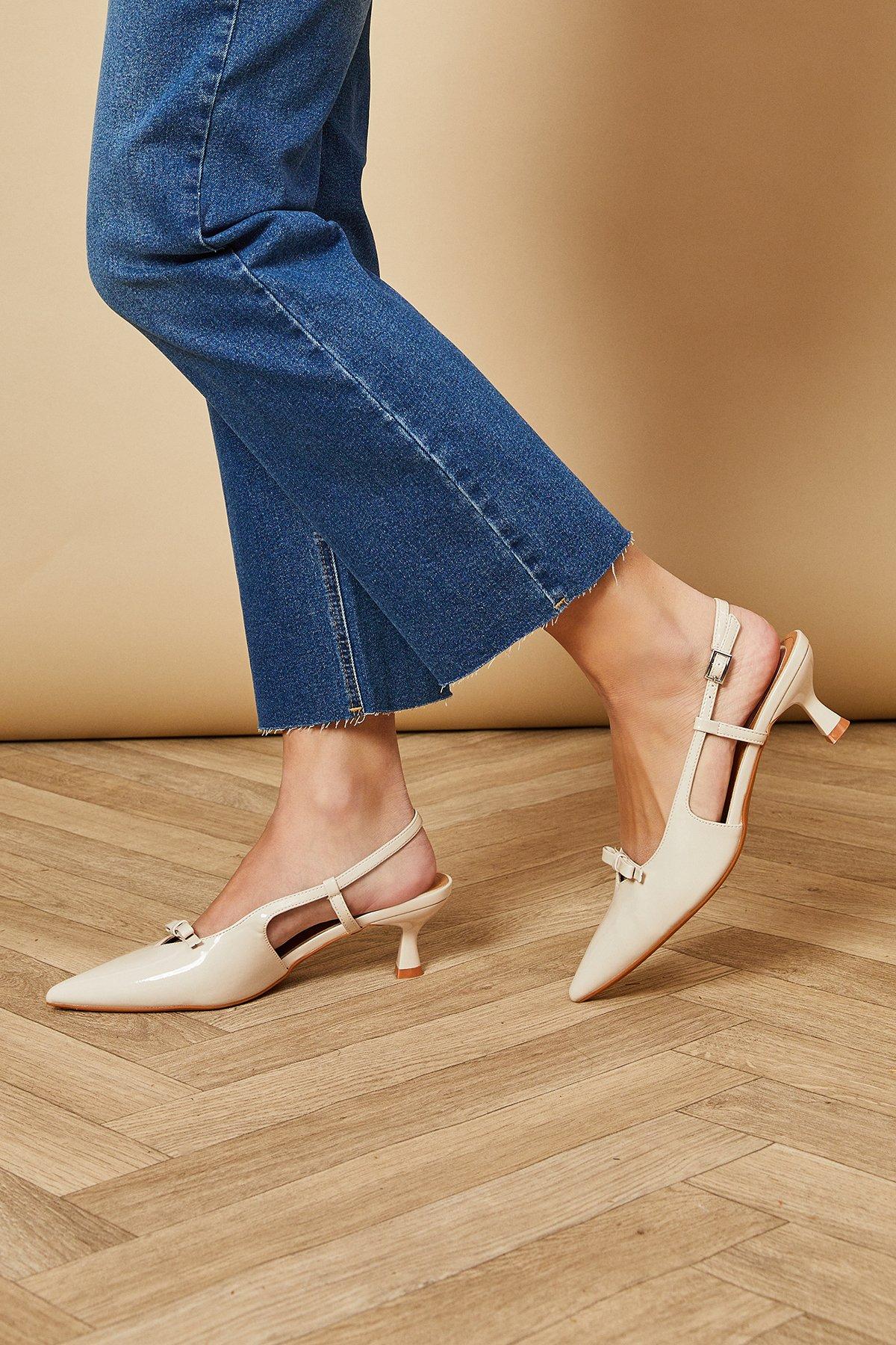 Oasis Oceane Faux Patent Leather Bow Detail Pointed Kitten Heel Slingback Shoes Beige image 2