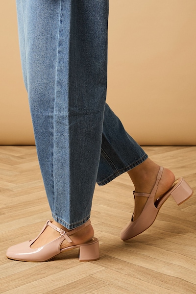 Oasis Florence Faux Patent Leather T-Bar Medium Block Heel Court Shoes Blush