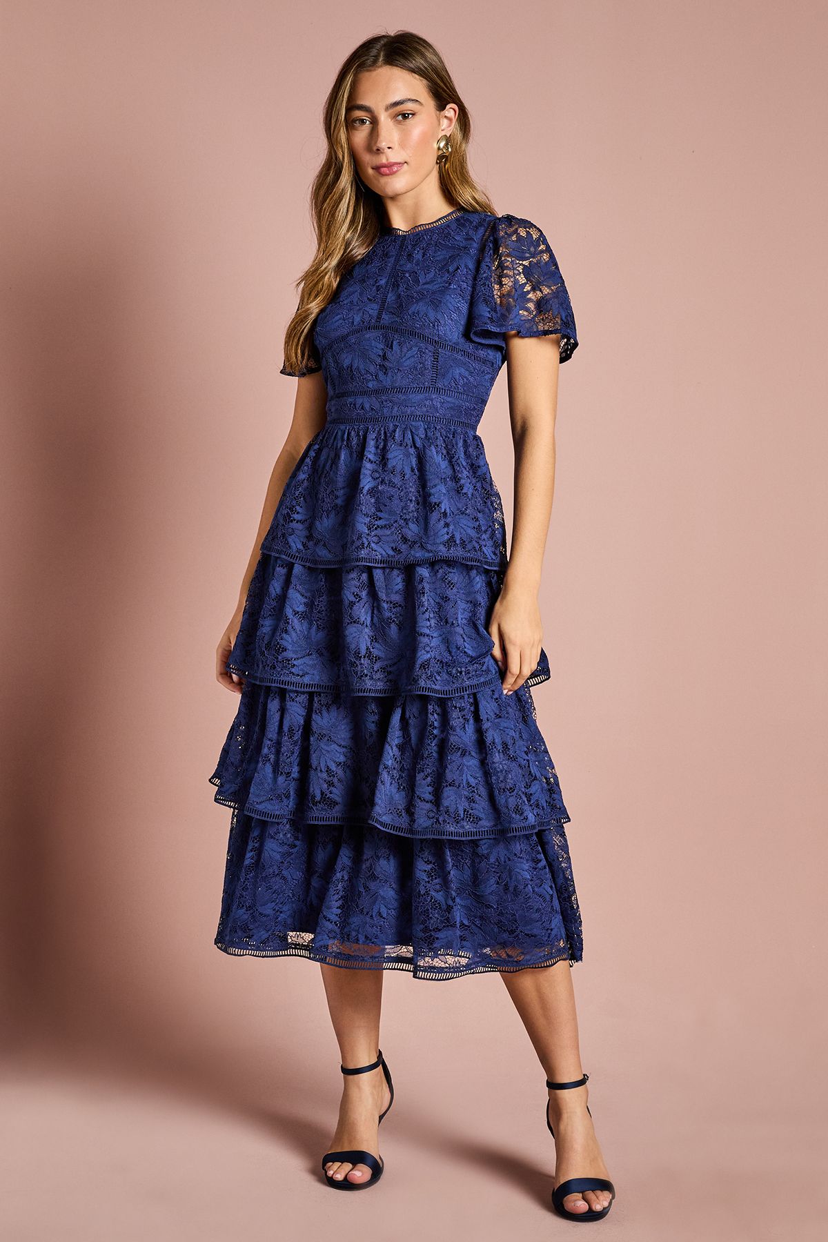 Coast Petite Tiered Lace Dress With Flutter Sleeve & Trims Navy image 1