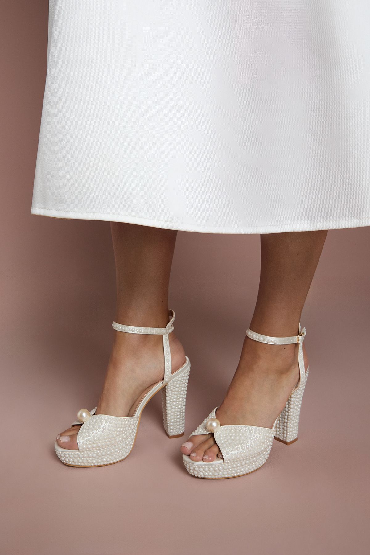 Coast Bridal Ruth Satin Pearl Platform High Block Heel Sandals White image 1