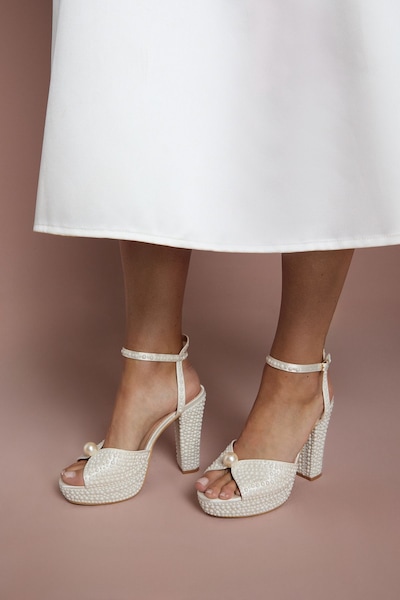 Coast Bridal Ruth Satin Pearl Platform High Block Heel Sandals White