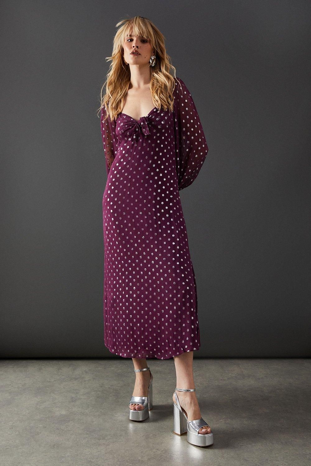 Warehouse Metallic Jacquard Dobby Cross Front Midi Dress Purple image 1