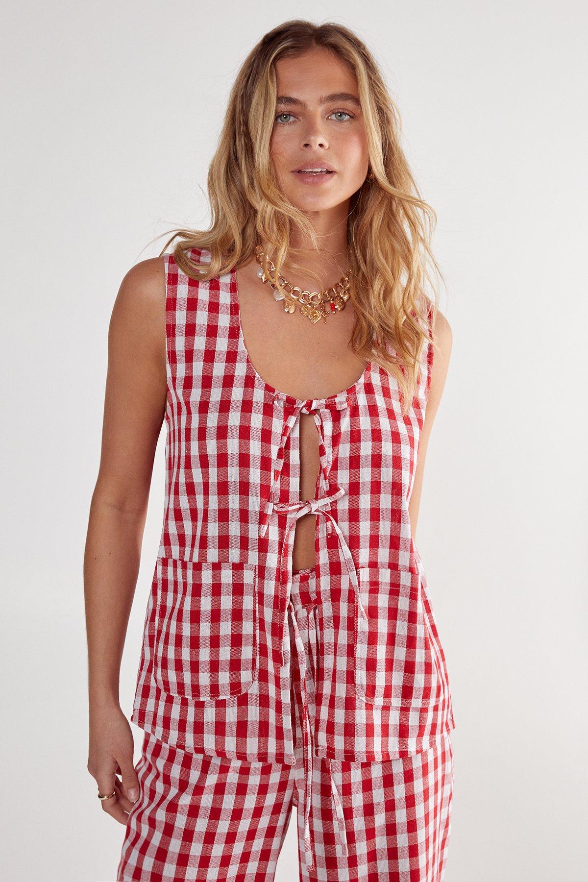 NastyGal Gingham Tie Front Vest Red image 1