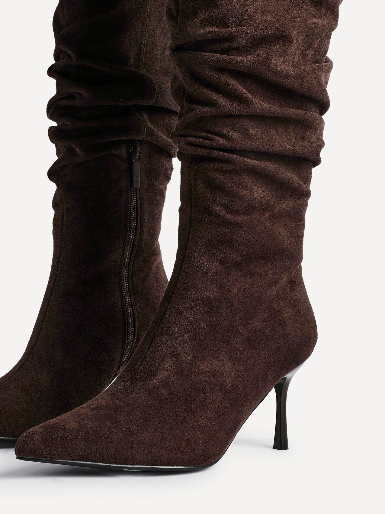 Linzi Rosenna Brown Faux Suede Ruched High Leg Heeled Boot image 5